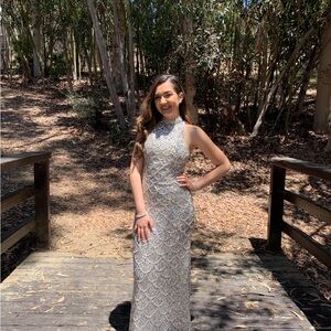 Mac Duggal Sequin Gown Size 4 Silver Nude Halter Formal Dress Prom Wedding